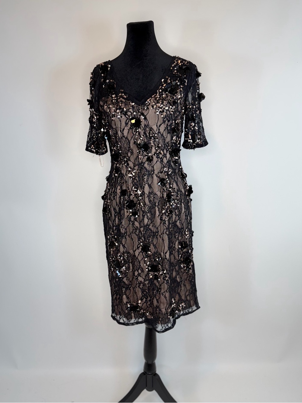 Adrianna Papell Womens Bead Lace Sheath V Neck Dress